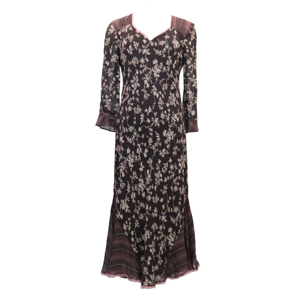 Vintage J.Jill Brown Floral Long Dress 10 Rayon Long Sleeve Cottagecore USA Made